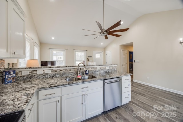 kitchen with sink, white cabinetry, stone countertops, stainless steel dishwasher, and dark hardwood / wood-style floors