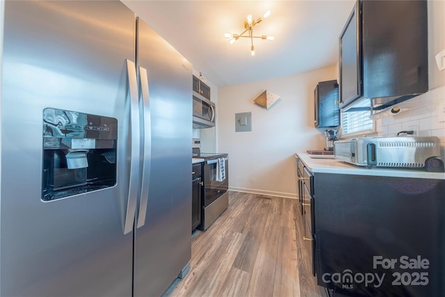 kitchen with sink, light hardwood / wood-style flooring, stainless steel appliances, electric panel, and decorative backsplash