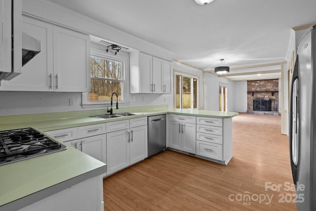 kitchen featuring sink, crown molding, white cabinetry, stainless steel appliances, and kitchen peninsula