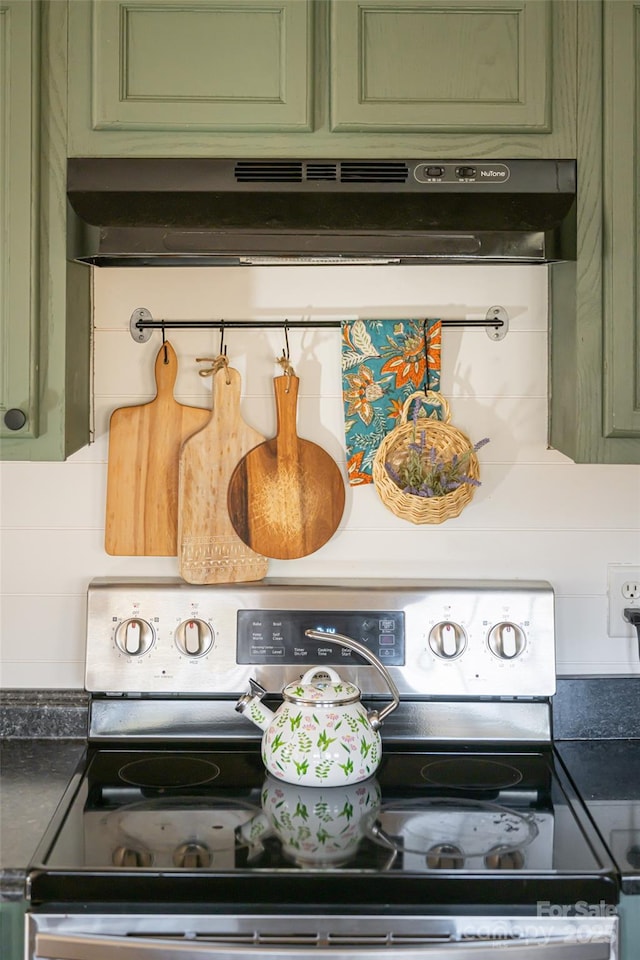 room details with extractor fan, green cabinetry, and stainless steel electric range oven