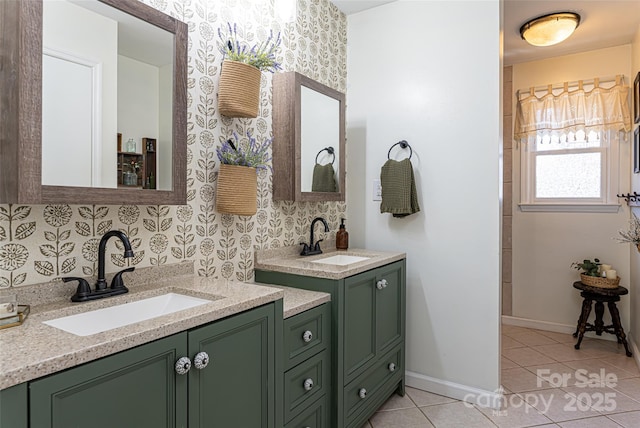 bathroom featuring vanity, decorative backsplash, and tile patterned floors