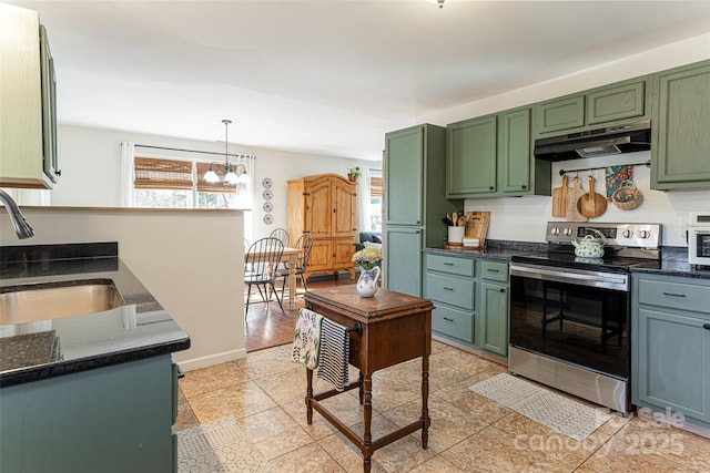 170 Hillcrest Dr, Columbus, NC 28722 - kitchen featuring stainless steel electric range oven, green cabinets, under cabinet range hood, and a chandelier