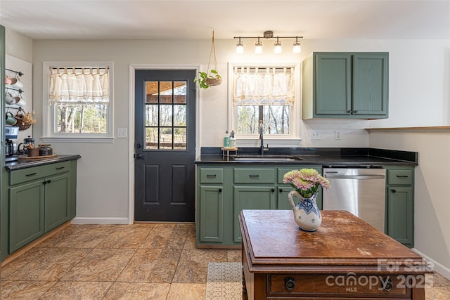 170 Hillcrest Dr, Columbus, NC 28722 - kitchen featuring green cabinetry, stainless steel dishwasher, and dark countertops