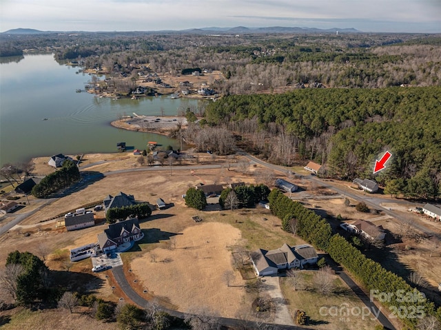 drone / aerial view featuring a water view