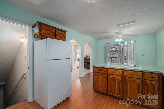 kitchen with sink, a textured ceiling, white fridge, ceiling fan, and light hardwood / wood-style floors