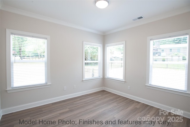 unfurnished room with ornamental molding, plenty of natural light, and wood-type flooring