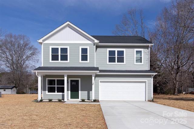 traditional-style house featuring a shingled roof, driveway, an attached garage, and a porch