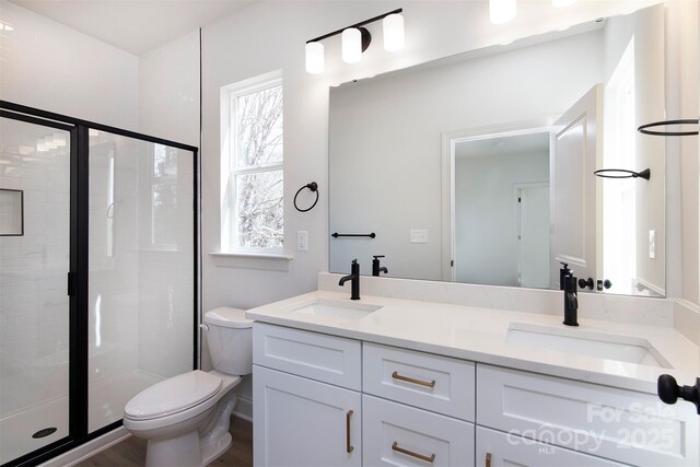 bathroom with double vanity, a stall shower, and a sink