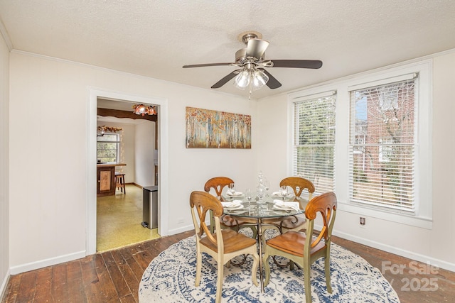 dining space with ceiling fan, a textured ceiling, dark hardwood / wood-style floors, and a healthy amount of sunlight