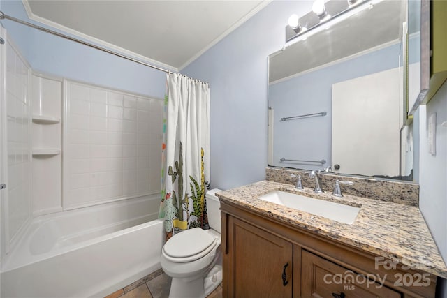 full bathroom with vanity, ornamental molding, shower / bath combination with curtain, and toilet