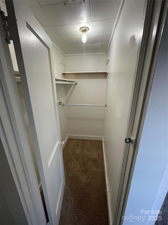 spacious closet featuring dark colored carpet