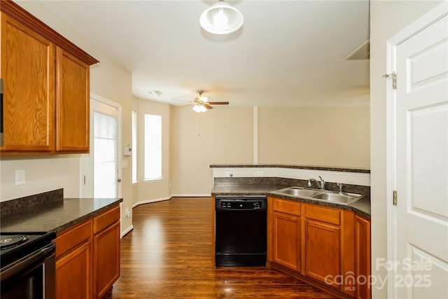 kitchen featuring sink, dishwasher, ceiling fan, range with electric cooktop, and dark hardwood / wood-style floors