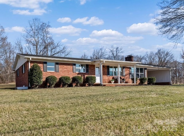 single story home with covered porch and a front lawn