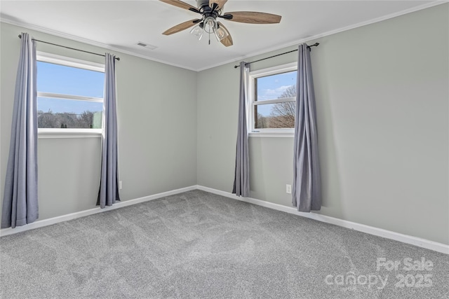 spare room with ornamental molding, ceiling fan, and carpet