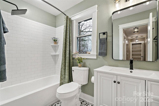 full bathroom with baseboards, toilet, vanity, and shower / bath combination with curtain