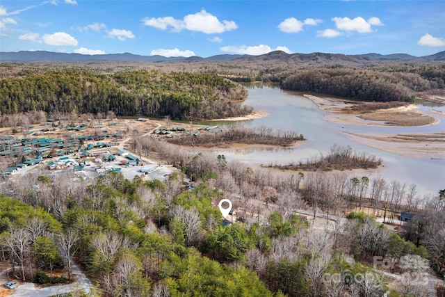 drone / aerial view with a water and mountain view and a wooded view