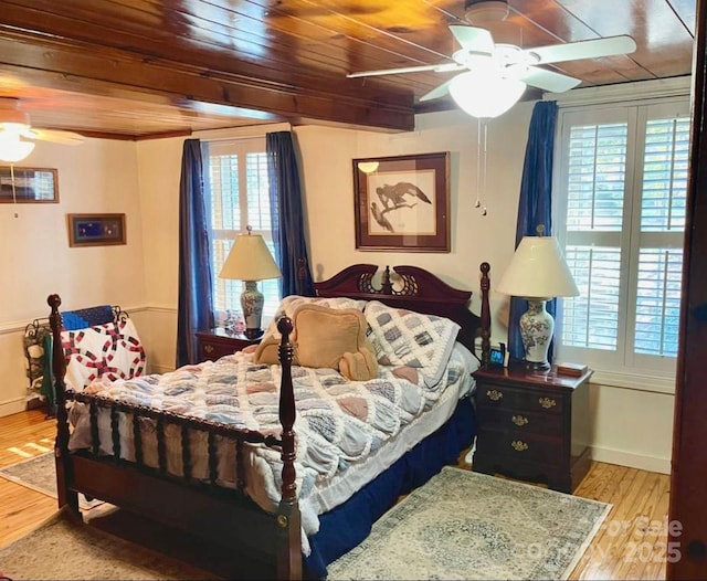 bedroom featuring light hardwood / wood-style flooring, multiple windows, and wooden ceiling