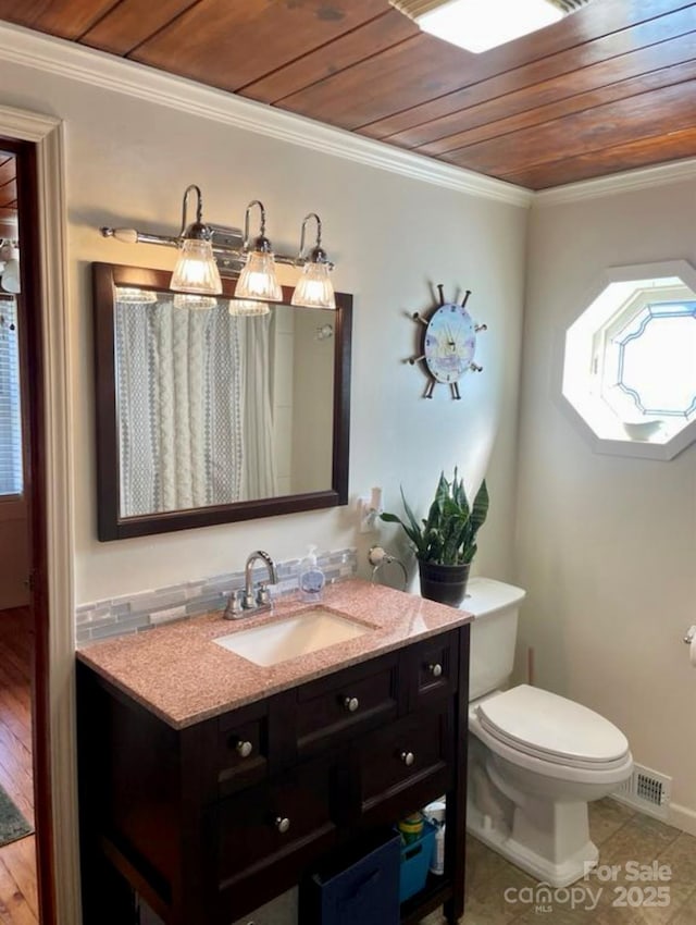 bathroom with crown molding, tile patterned floors, vanity, wooden ceiling, and toilet