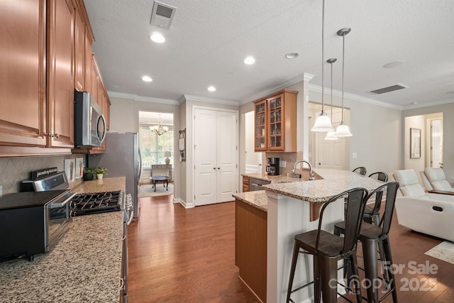 kitchen featuring a breakfast bar, light stone counters, appliances with stainless steel finishes, dark hardwood / wood-style flooring, and pendant lighting