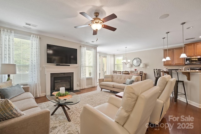 living room with ceiling fan with notable chandelier, dark wood-type flooring, ornamental molding, and plenty of natural light