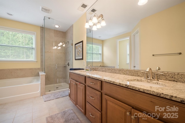 bathroom featuring vanity, separate shower and tub, and tile patterned flooring