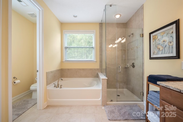 full bathroom featuring tile patterned floors, toilet, vanity, and plus walk in shower