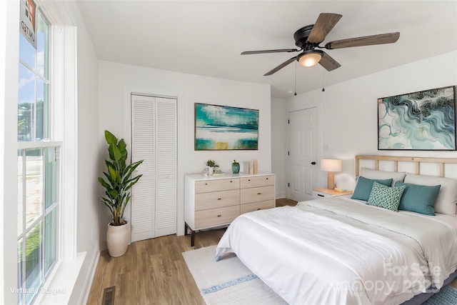 bedroom with ceiling fan, light hardwood / wood-style flooring, multiple windows, and a closet