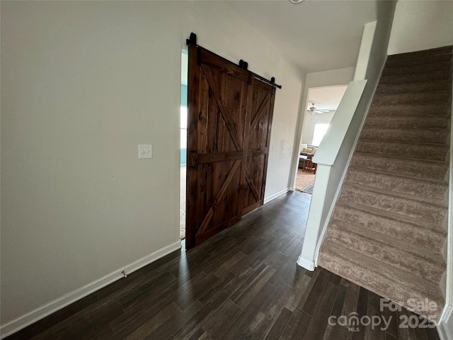 hall featuring a barn door and dark wood-type flooring