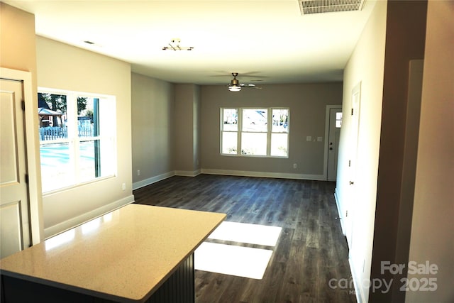 interior space featuring ceiling fan, a healthy amount of sunlight, and dark hardwood / wood-style floors