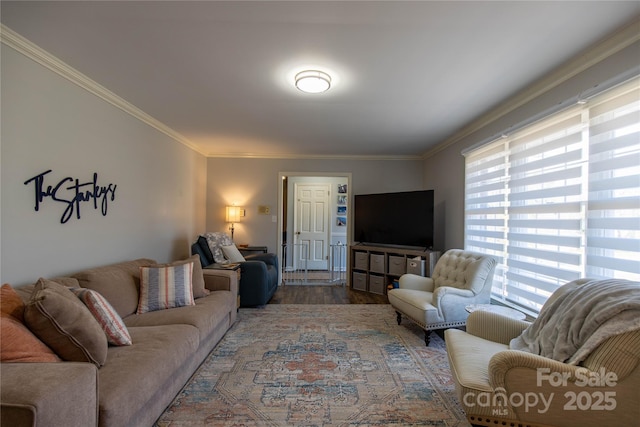 living room featuring hardwood / wood-style floors and ornamental molding