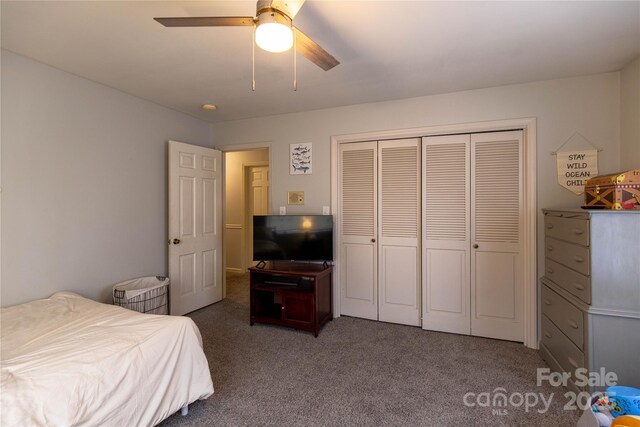 bedroom with a closet, ceiling fan, and dark colored carpet