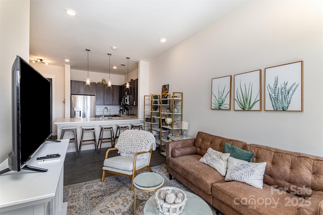 living room with dark wood-type flooring and sink