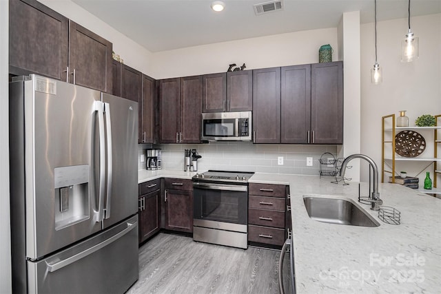 kitchen featuring tasteful backsplash, appliances with stainless steel finishes, sink, and decorative light fixtures