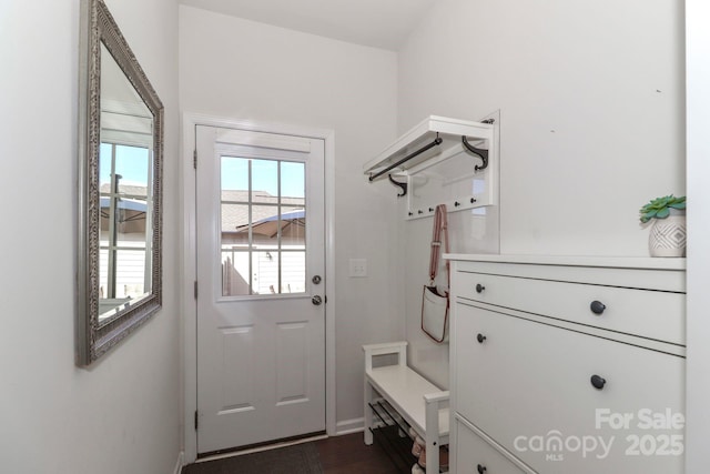 mudroom featuring dark wood-type flooring