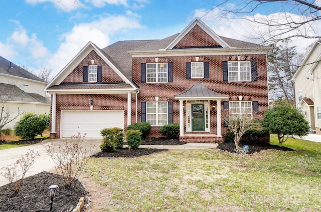 view of front of home with a garage, a shingled roof, brick siding, driveway, and a front lawn