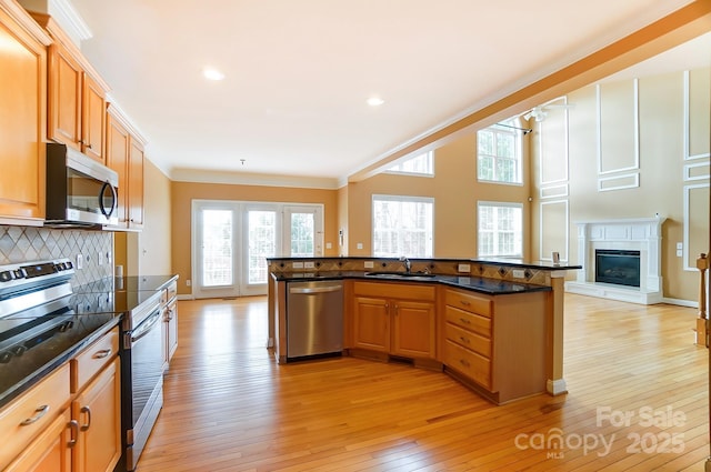 kitchen with stainless steel appliances, a sink, light wood-type flooring, a wealth of natural light, and decorative backsplash