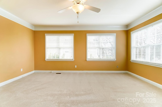 empty room featuring baseboards, a wealth of natural light, and crown molding