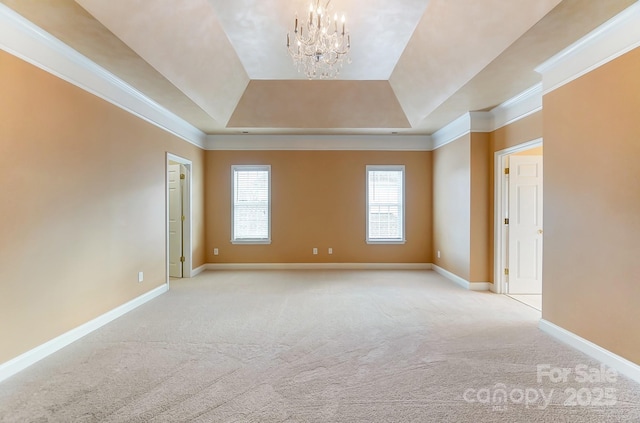 unfurnished room with ornamental molding, a tray ceiling, carpet, and baseboards