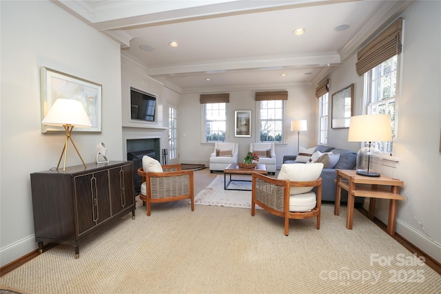 living room with crown molding and beamed ceiling