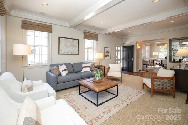 living room with ornamental molding, beam ceiling, light hardwood / wood-style floors, and a wealth of natural light