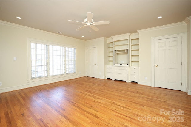 unfurnished living room with ornamental molding, ceiling fan, and light wood-type flooring