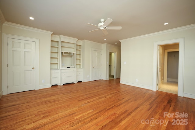 unfurnished living room with crown molding, light hardwood / wood-style flooring, and ceiling fan