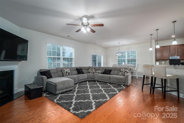 living room featuring dark hardwood / wood-style floors and ceiling fan