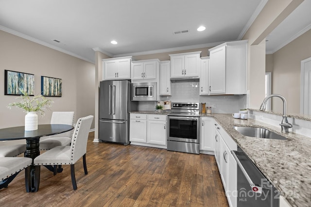 kitchen featuring sink, white cabinetry, appliances with stainless steel finishes, dark hardwood / wood-style floors, and light stone countertops