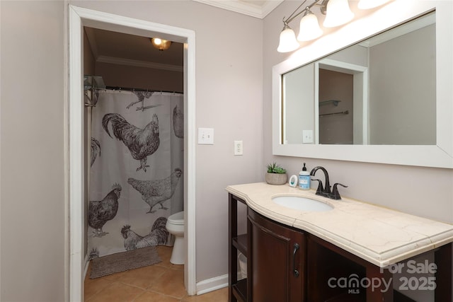 bathroom featuring walk in shower, tile patterned floors, toilet, crown molding, and vanity