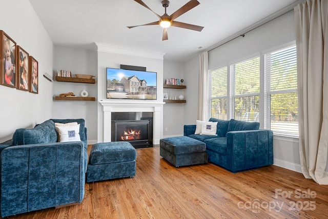 living room with hardwood / wood-style flooring, ceiling fan, and crown molding