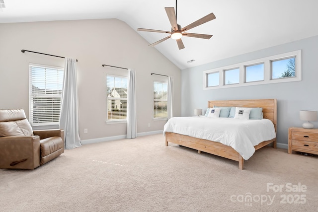 carpeted bedroom featuring high vaulted ceiling and ceiling fan