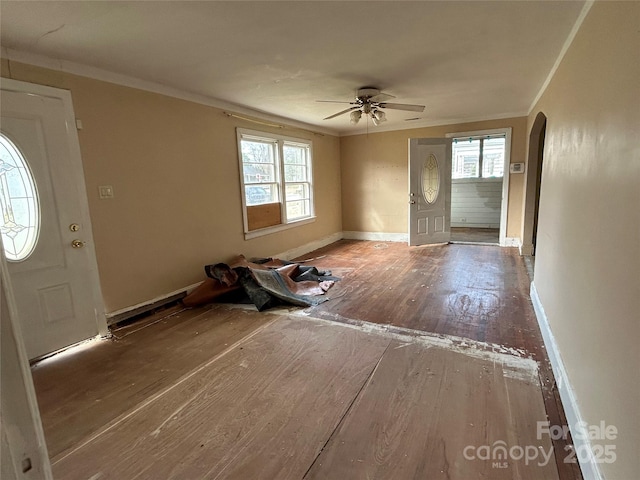 entrance foyer featuring ceiling fan, crown molding, a healthy amount of sunlight, and hardwood / wood-style flooring