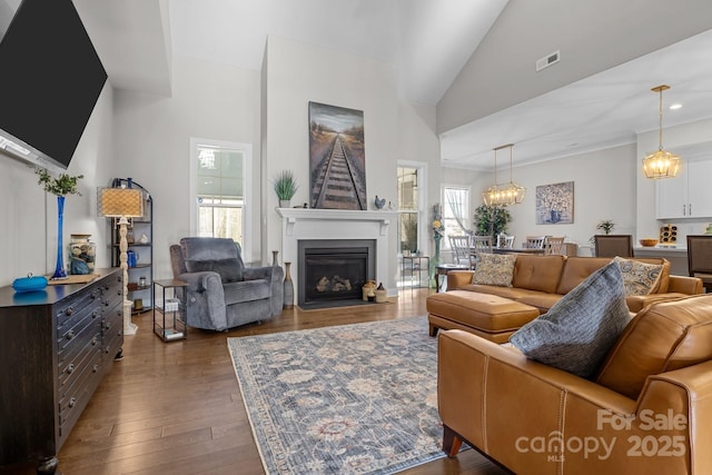 living room featuring dark wood-type flooring, high vaulted ceiling, and a wealth of natural light