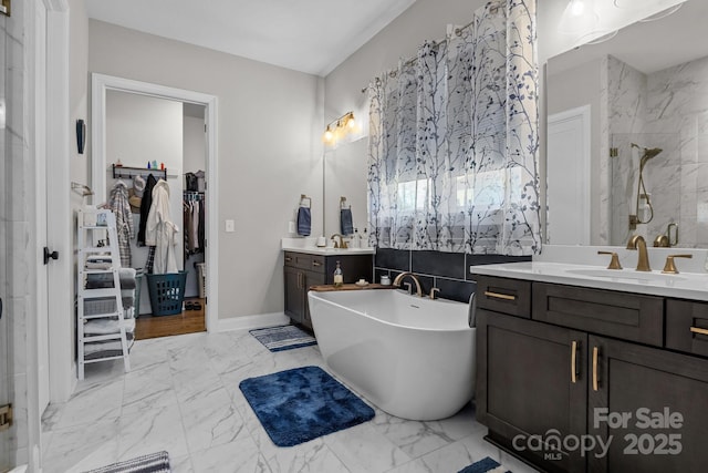 bathroom featuring vanity and plus walk in shower